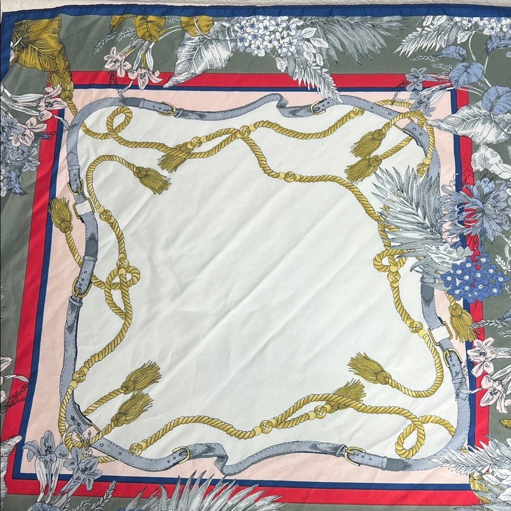 Square Silk Scarf 21x21 Equestrian Floral Blue Green Red Classic Print